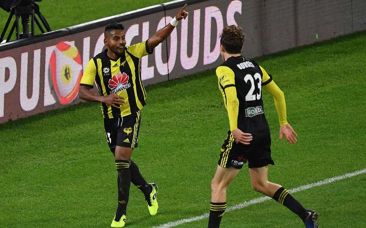 Roy Krishna (L) with of the Phoenix celebrates his goal with team mate Max Burgess during the A-League Phoenix vs Melbourne City football match at the Westpac Stadium in Wellington on Sunday the 21st of April 2019. Copyright Photo by Marty Melville / www.Photosport.nz