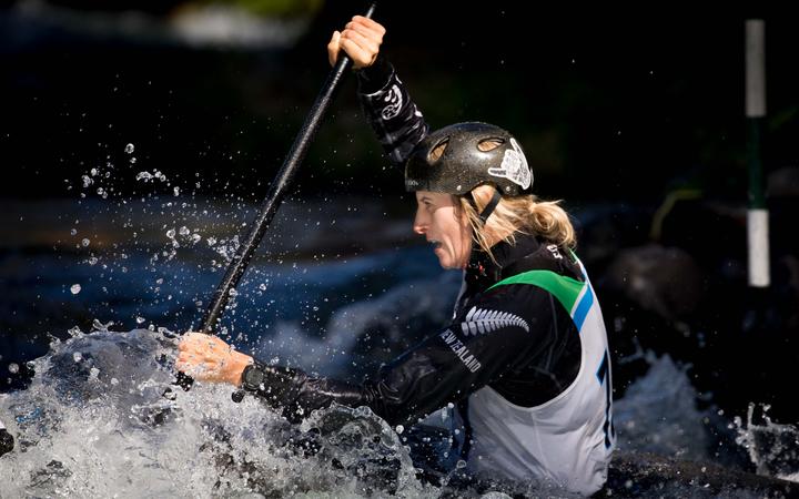 Luuka Jones on her way to victory in the women's K1 final at the 2019 New Zealand canoe slalom championships in Kawerau.