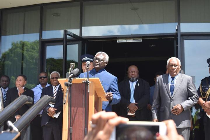 Manasseh Sogavare speaks on steps of SI National Parliament in 2019