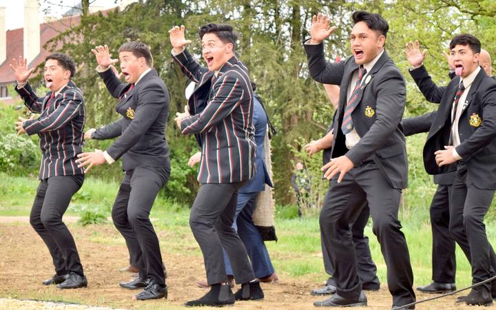Students from Rotorua Boys High School performed a spirited haka at the unveiling of the pou maumahara in Zonnebeke on Anzac Day.
