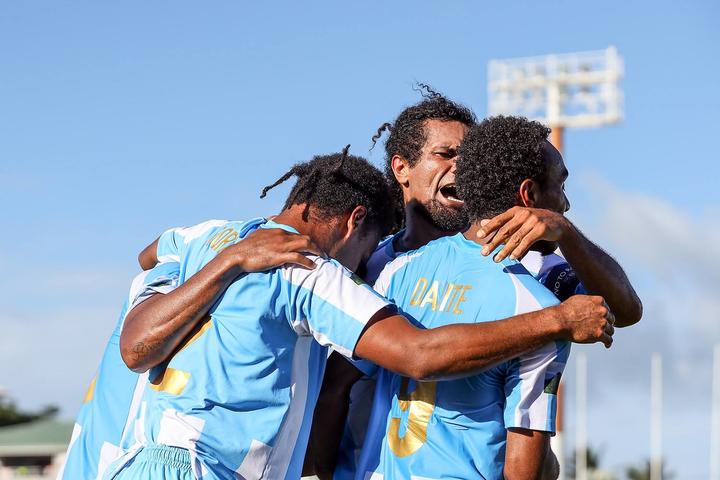 Hienghène Sport celebrate Jefferson Dahite's goal that has propelled the New Caledonian club into their first ever Champions League final.