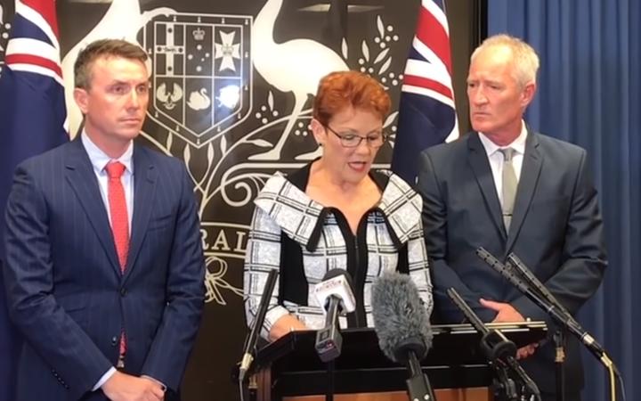 From left, One Nation's party advisor James Ashby, leader Pauline Hanson and Queensland Senate candidate Steve Dickson. 