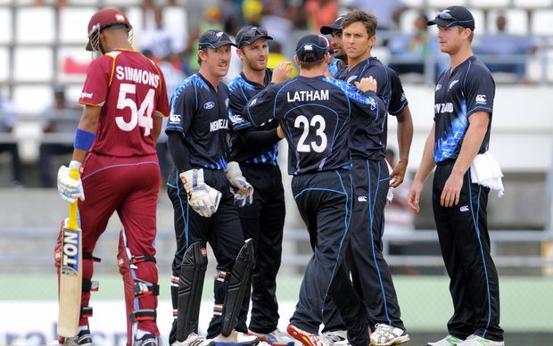 Black Caps celebrate wicket of Lendl Simmons