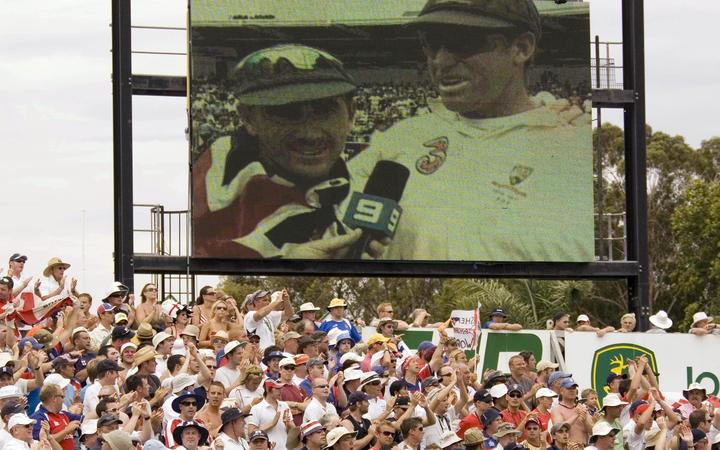 Justin Langer (left) on the big screen at the WACA in Perth, learnt it wasn't wise to rile the Barmy Army.