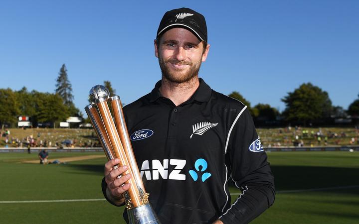 Black Caps skipper Kane Williamson with the Chappell-Hadlee trophy.