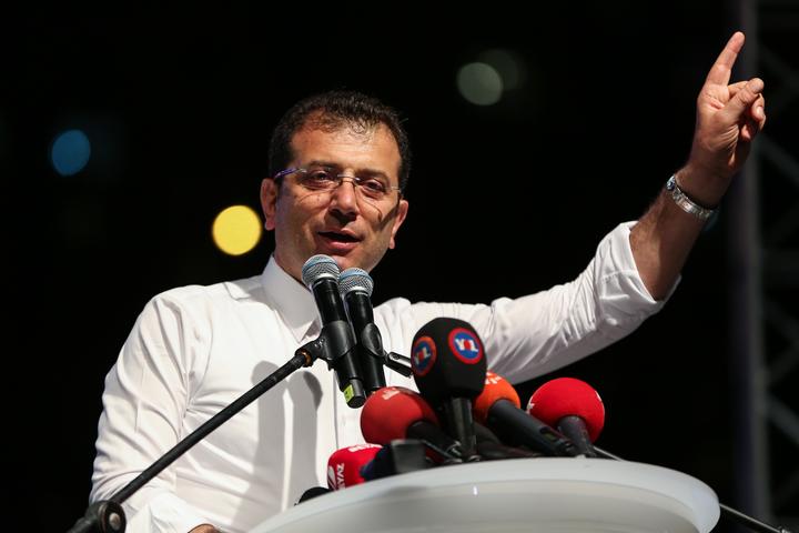 Istanbul mayor Ekrem Imamoglu addresses the crowd after the Turkish government's decision to rerun local elections in the city. The mayoral certificate of the main opposition Republican Peoples Party's (CHP) Ekrem Imamoglu has also been cancelled by the council. 