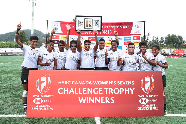 Fiji celebrate another Challenge Trophy final win in Langford, Canada.