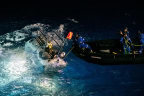 The submersible DSV Limiting Factor being recovered after its first dive to the deepest point of the Challenger Deep