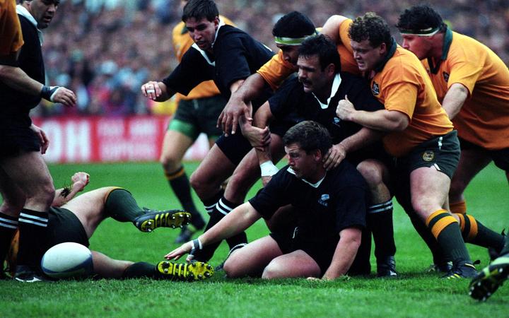 Richard Loe and Gary Whetton in action during the Rugby Union World Cup match between the All Blacks and Australia, 1991.  