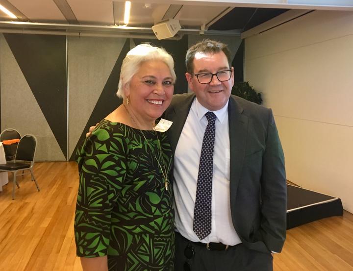 Luamanuvao Dame Winnie Laban and Grant Robertson at the Pasifika and Maori Business Networks post-budget meeting
