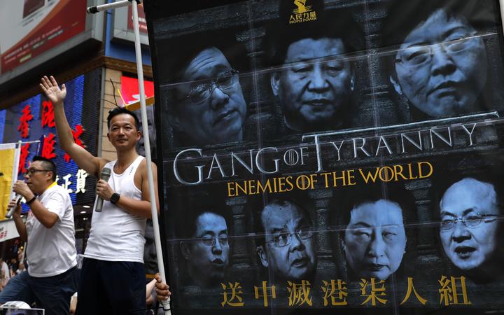 A banner targeting Chinese leadership in protests against a proposed amendment to extradition laws in Hong Kong. (AP Photo/Vincent Yu)