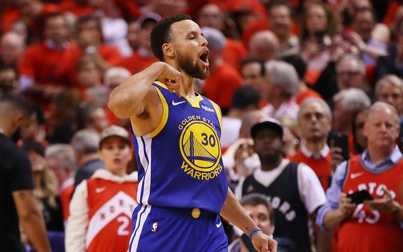 Golden State Warriors star guard Stephen Curry celebrates beating Toronto in game five of the NBA finals.