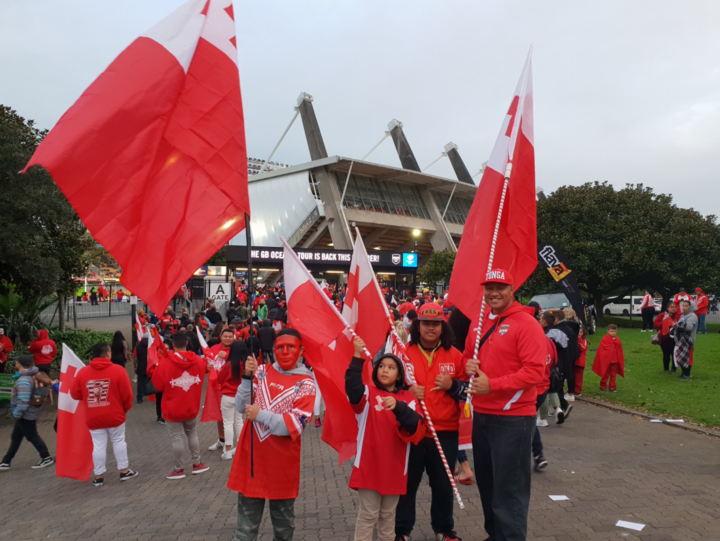 Tongan supporters outside Mt Smart stadium ahead of the rugby league game between Mate Ma'a Tonga and the Kiwis.