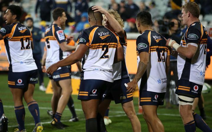 Brumbies hooker Folau Fainga'a is congratulated for one of his 11 tries during the Super Rugby season.