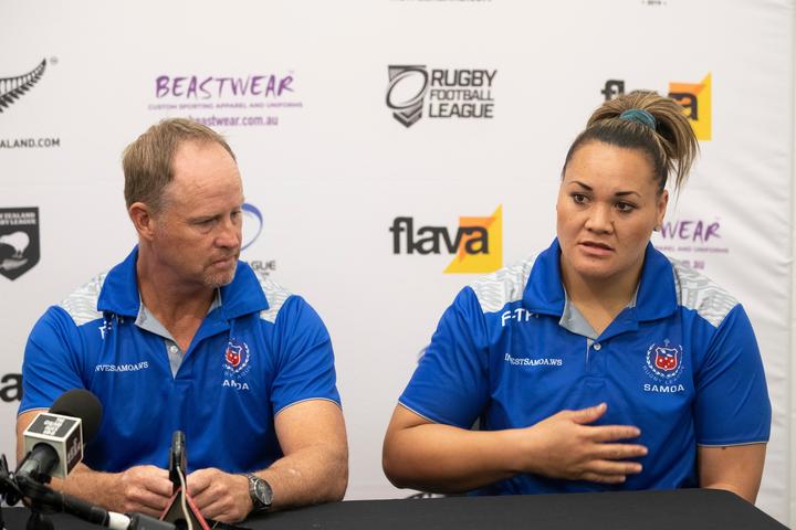 Fetu Samoa rugby league coach Glenn Brailey with captain Elianna Walton.