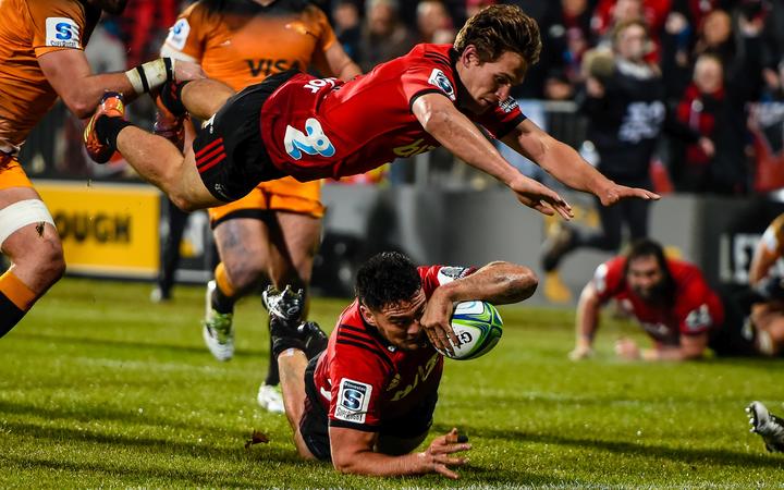 Codie Taylor of the Crusaders scores a try with George Bridge of the Crusaders during the Super Rugby Final, Crusaders V Jaguares, at Orangetheory Stadium, Christchurch, 6 July 2019.
