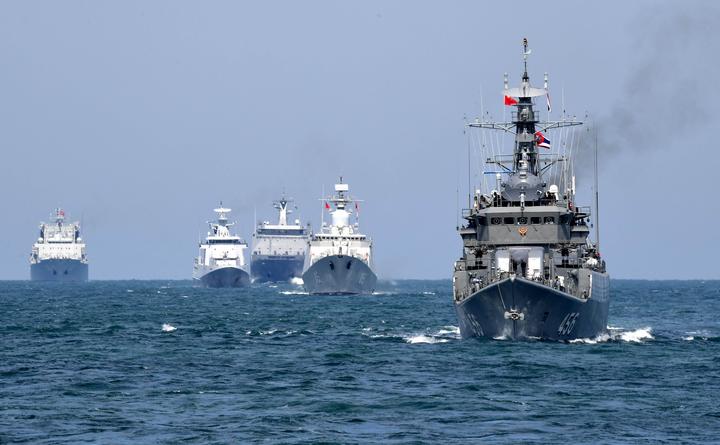 Naval vessels take part in a joint naval exercise on the sea off Qingdao, east China's Shandong Province, on April 26, 2019. China conducted a joint naval exercise with Southeast Asian countries in Qingdao