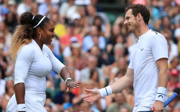 6th July 2019 - Tennis - Wimbledon (Day 6) - Andy Murray (GBR) and Serena Williams (USA) share a joke during their Mixed Doubles 1st Round match against Andreas Mies (GER) and Alexa Guarachi (CHI) - Photo: Simon Stacpoole / Offside.