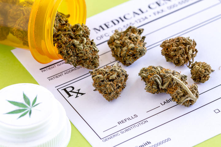 Medical marijuana buds spilling out of prescription bottle with branded lid onto blank medical prescription pad on green background