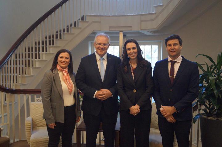 Jenny Morrison, Australian Prime Minister Scott Morrison with Clarke Gayford and New Zealand Prime Minister Jacinda Ardern.