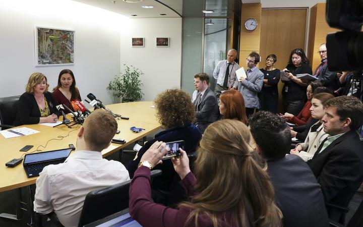 Megan Woods and Marama Davidson at the KiwiBuild announcement. Photo: RNZ/Ana Tovey.