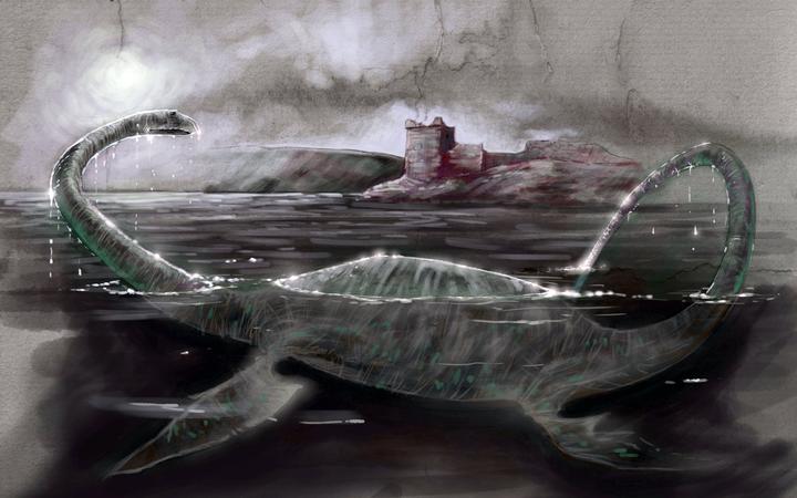 Monstres et creatures fantastiques, cryptozoologie : representation de Nessie, le monstre du Loch Ness en Ecosse - Dessin d'Alessandro Lonati, 2012 ©Alessandro Lonati/Leemage