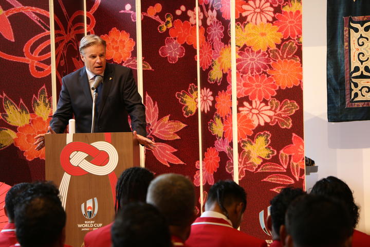World Rugby CEO Brett Gosper address the 'Ikale Tahi squad