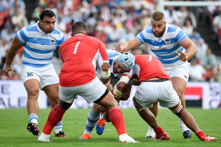 Argentina's lock Tomas Lavanini (C) was not sanctioned for a questionable tackle on Tongan winger David Halaifonua.