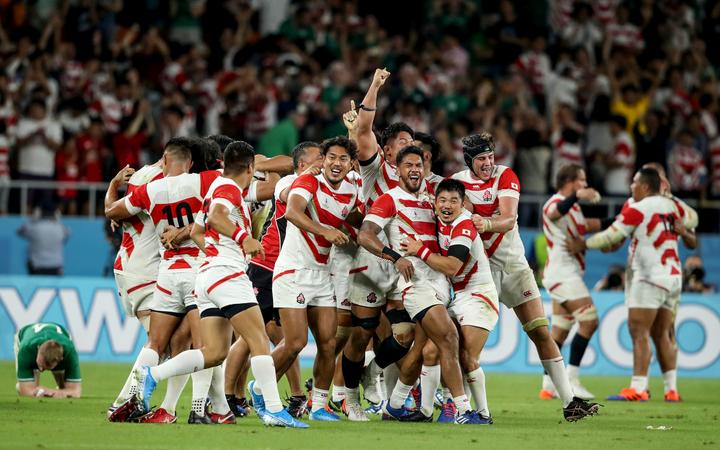 japan rugby team celebrates a win over Ireland. Rugby World Cup 2019.