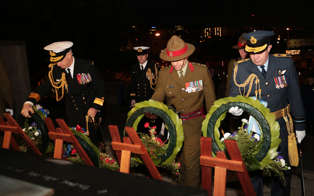 (l-r) Chief of Navy, Rear Admiral Jack Steer; Brigadier Peter Kelly, Acting Chief of Army and Air Vice-Marshall Mike Yardley, Chief of Air Force lay wreaths at the Tomb of the Unknown Warrior.