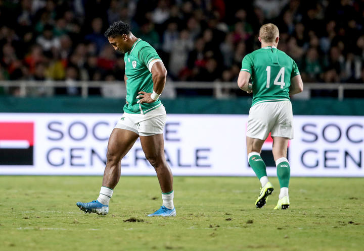Bundee Aki leaves the field after being sent off against Samoa.