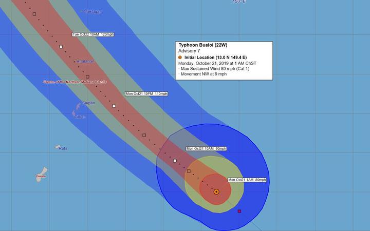 The projected path of Tropical Storm Bualoi, which is expected to pass through the Northern Marianas as a typhoon. 