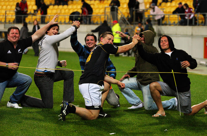 Dane Coles celebrates his brace of tries with mates after the match in October, 2009.