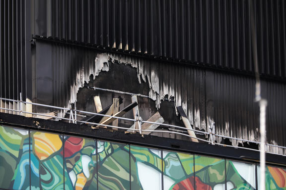 Damage from the SkyCity Convention Centre fire can be seen on the roof.
