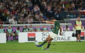 South Africa's Handre Pollard scores the team's first penalty during the first half of the Semi-Finals in the 2019 Rugby World Cup Japan against Wales.