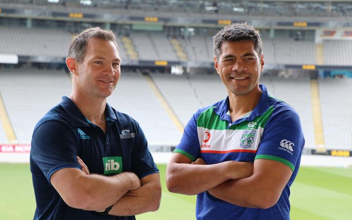 Auckland Blues coach Leon MacDonald and Warriors coach Stephen Kearney ahead of the "Codes of Auckland" rugby and rugby league double header.