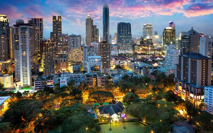 Bangkok city skyline at dusk, Business district area of Bangkok Thailand