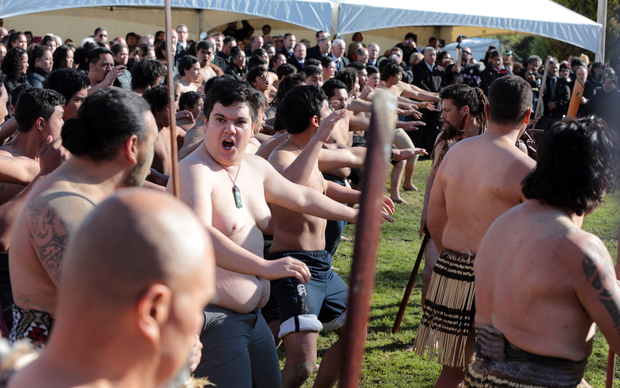 Whanganui River young warriors performing their tribal haka "Mangu Mangu Taepo) during a powhiri (welcoming ceremony) on Ranana Marae.