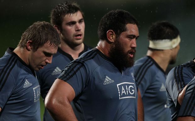 New Zealand's Charlie Faumuina waits for a scrum against Northland in the Game of Three Halves, North Harbour Stadium, Auckland, New Zealand, Friday, August 08, 2014.
