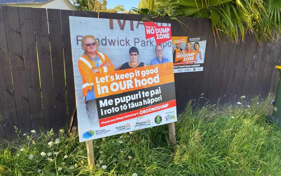  A sign in Randwick Park, Manurewa, requesting people do not drop their rubbish in the suburb, which has been a hotspot for illegal dumping.