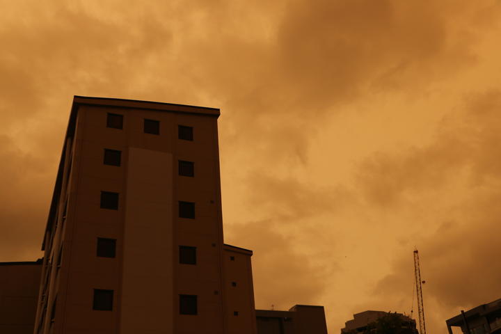 The Auckland sky hazy from the fires burning in Australia on 5 January 2020, as seen from RNZ's Auckland office.