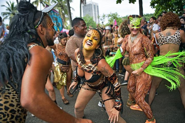 Revellers cheer during the Amigos da Onca street party in Rio de Janeiro, B...