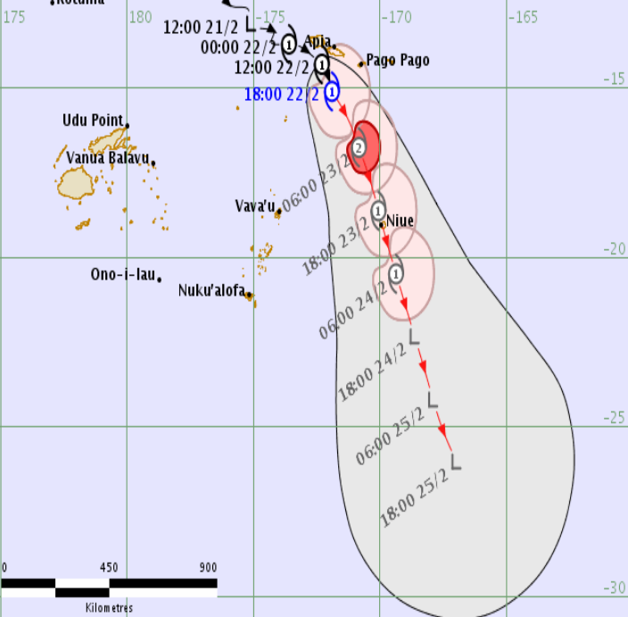 The forecast track for Cyclone Wasi, (UTC time)