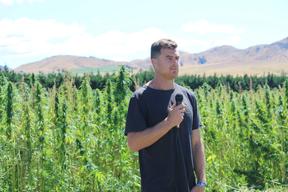The Brothers Green co-founder Brad Lake speaking on a Culverden hemp farm. 