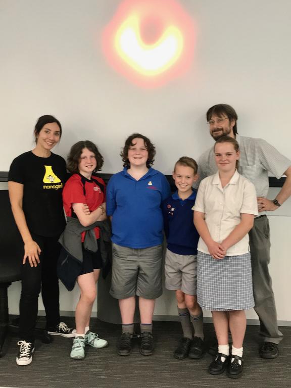 Nanogirl (left) with students from Cobham Intermediate and Professor David Wiltshire from the University of Canterbury (right)