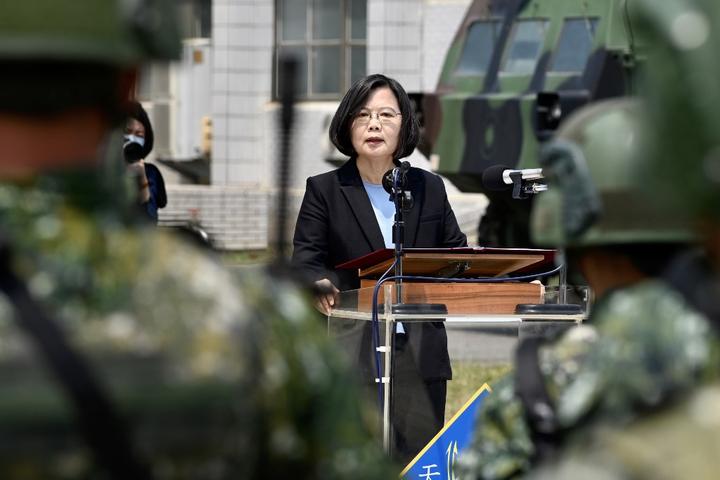 Taiwan President Tsai Ing-wen delivers her address to soldiers amid the COVID-19 coronavirus pandemic during her visit to a military base in Tainan, southern Taiwan.