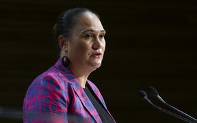 WELLINGTON, NEW ZEALAND - APRIL 28: Carmel Sepuloni speaks to media during a press conference at Parliament on April 28, 2020 in Wellington, New Zealand. 