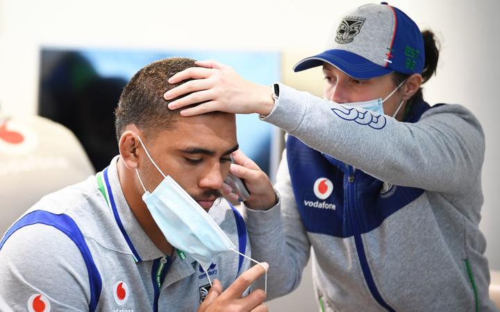 Isaiah Papali’i gets his temperature taken. Warriors players leave today on a charter flight to travel to the Australian city of Tamworth in North West New South Wales to begin their 14-day quarantine 
