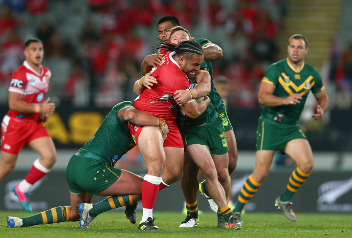 Konrad Hurrell tests the Kangaroos defence.