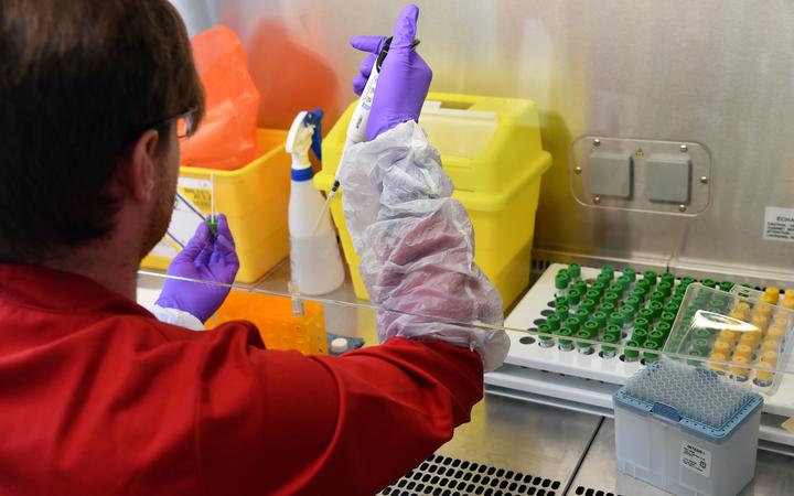 Volunteer scientists process samples taken from people tested for the novel coronavirus, at a laboratory recently dedicated for the processing of COVID-19 samples by Medicines Discovery Catapult, at The Lighthouse Lab at Alderley Park in Cheshire, northern England.